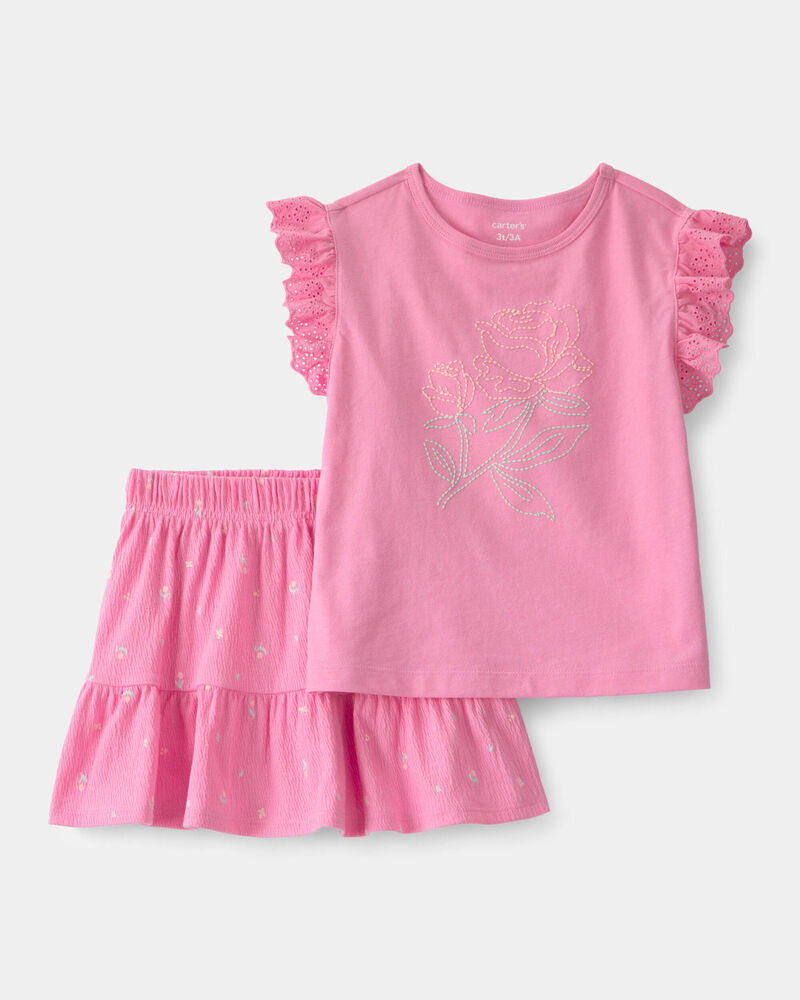 Tout-petit fille - Ensemble 2 pi&egrave;ces haut et jupe-short &agrave; fleurs - Rose, image 1 sur 5 diapositives