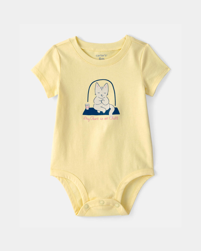 Baby 'My Aunt Is So Chill' Cat Graphic Bodysuit - Yellow, image 1 of 3 slides