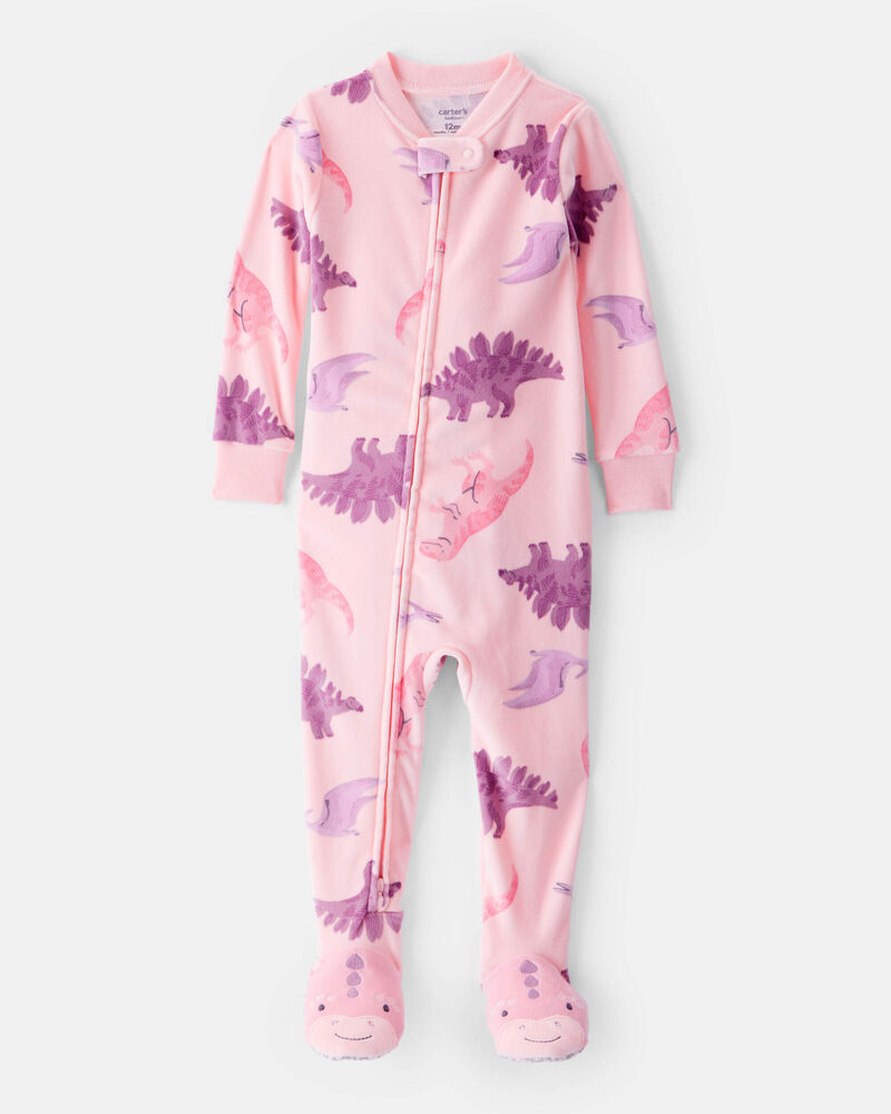 Toddler Girl Dinosaur Loose Fit 2-Way Zip 1-Piece pyjamas - Pink, image 1 of 4 slides