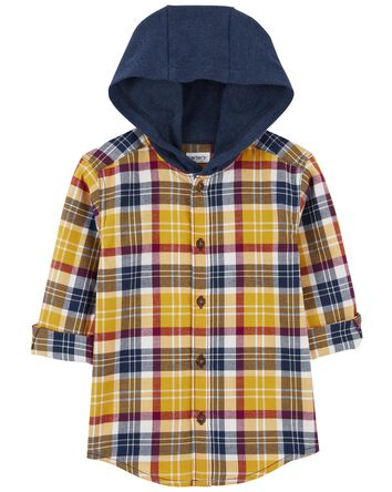 Hooded Flannel Button-Front Shirt, 