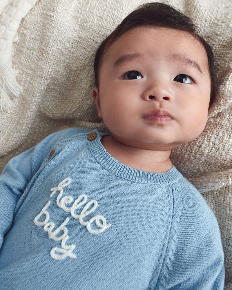 Baby Boy 2-Piece 'Hello Baby' Long-Sleeve Top & Pant Set - Blue, image 3 of 6 slides