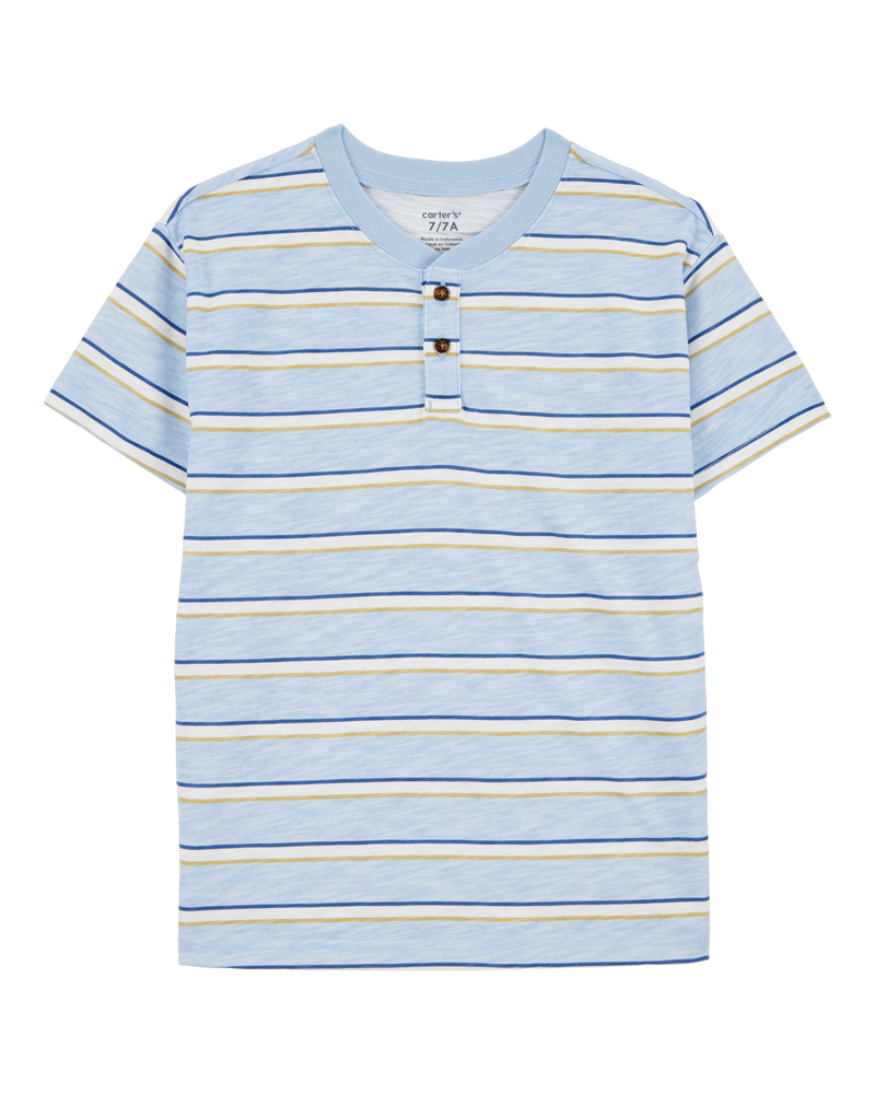 Kid Striped Knit Short-Sleeve Henley - Blue, image 1 of 3 slides