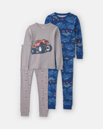 Boys 4-Piece Monster Truck 100% Cotton Snug Fit Pyjama Set - Grey, 