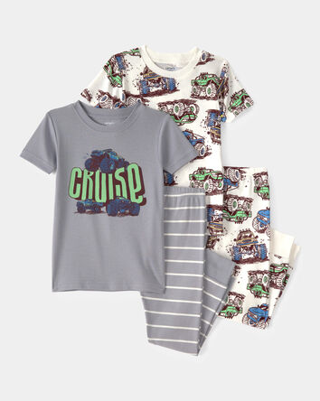 Toddler Boy Monster Truck 100% Cotton Snug Fit 4-Piece Pyjama Set - Grey, 