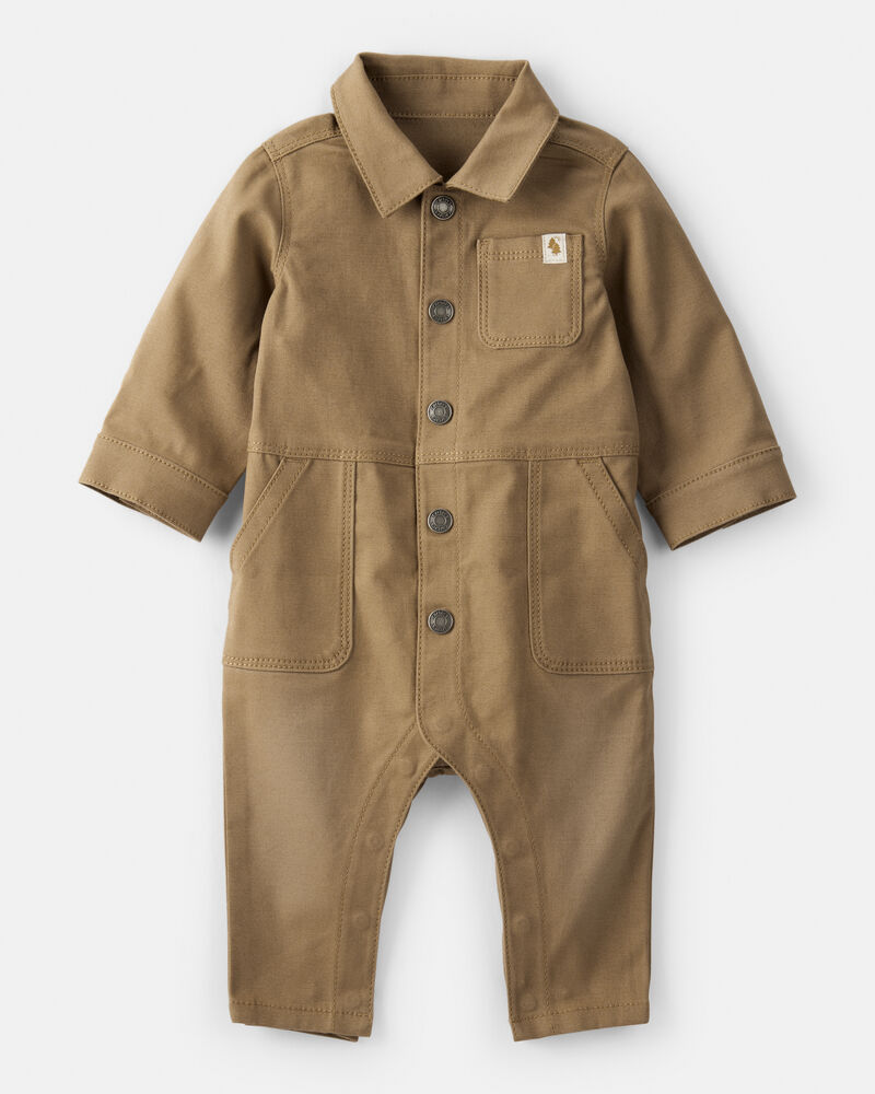 Baby Boy Canvas Long-Sleeve Jumpsuit - Brown, image 1 of 6 slides