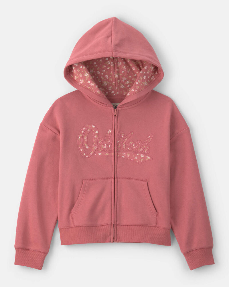 Filles - Chandail &agrave; capuchon en molleton avec fermeture &agrave; glissi&egrave;re, motif floral et logo OshKosh - Rose, image 1 sur 2 diapositives