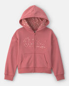 Filles - Chandail &agrave; capuchon en molleton avec fermeture &agrave; glissi&egrave;re, motif floral et logo OshKosh - Rose, image 1 sur 2 diapositives