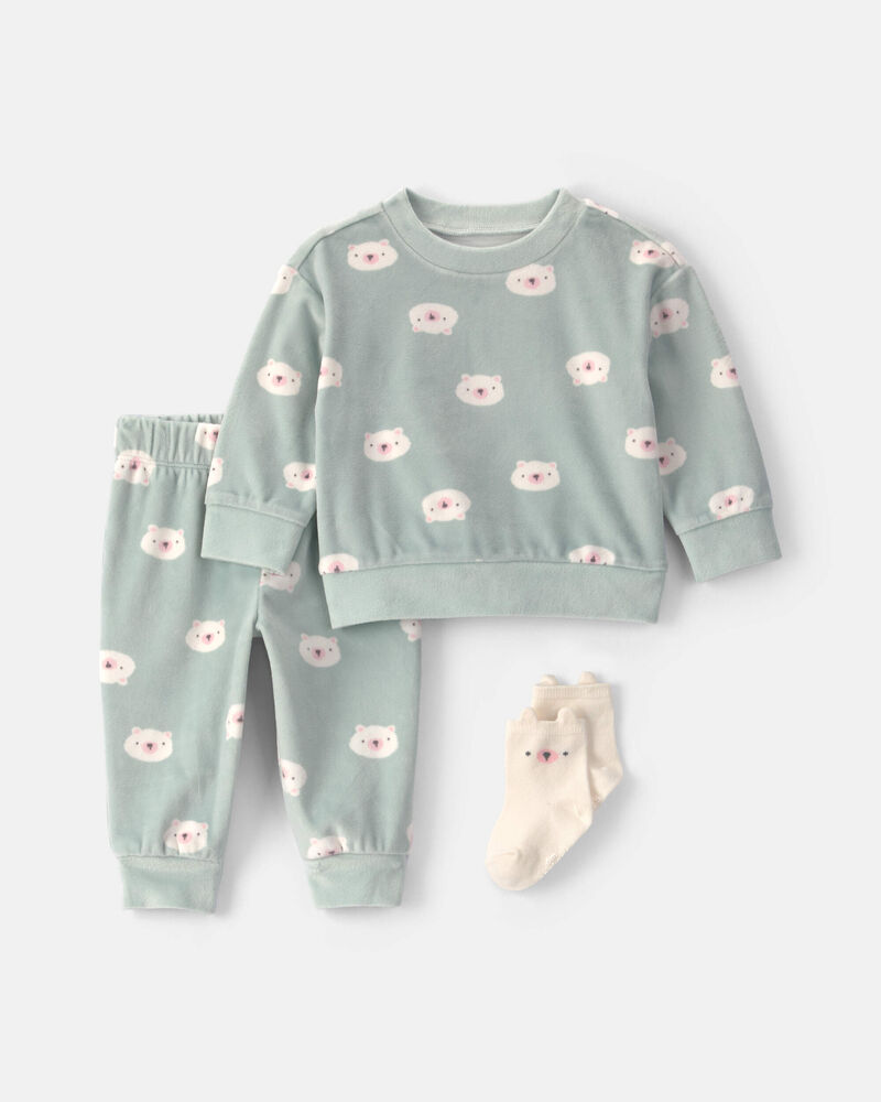 Baby Girl 3-Piece Bear Long-Sleeve Top & Pant Set - Green, image 1 of 4 slides