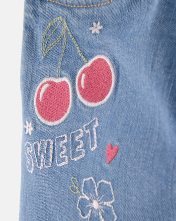 Girls Cherry Denim Embroidered Midi Shorts - Medium Wash, 