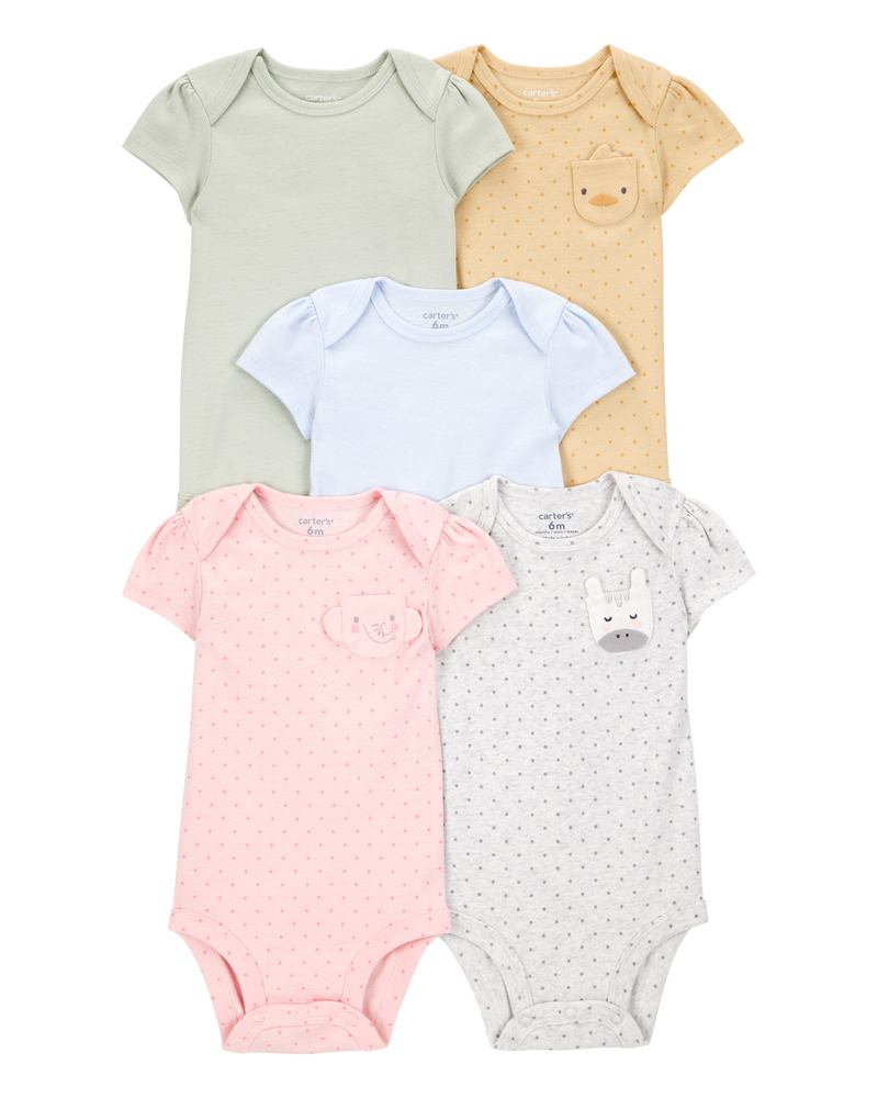 Baby Girl 5-Pack Animal Short-Sleeve Cotton Bodysuits, image 1 of 7 slides