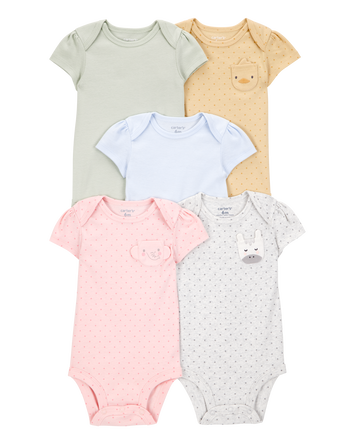 Baby Girl 5-Pack Animal Short-Sleeve Cotton Bodysuits, 