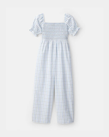 Girls Plaid Smocked Jumpsuit - Blue, 