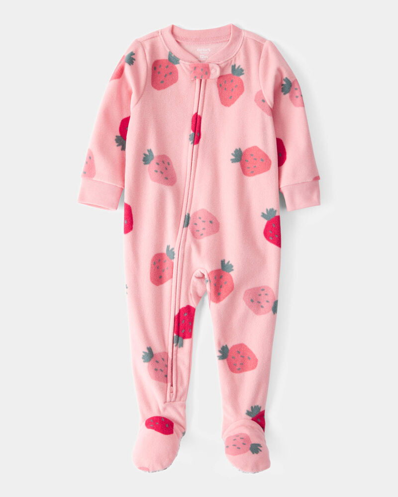 Toddler Girl 1-Piece Strawberry Fleece Footie Pyjamas, image 1 of 3 slides