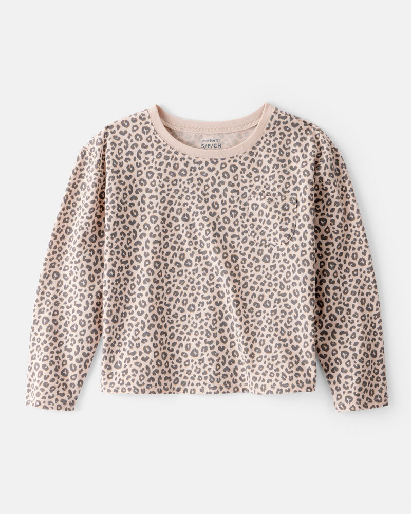 Girls Leopard Print Long-Sleeve Top - Brown, image 1 of 3 slides