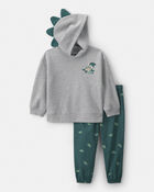 Toddler Boy 2-Piece Dinosaur Fleece Long-Sleeve Hooded Top & Pant Set - Grey/Green, image 1 of 5 slides