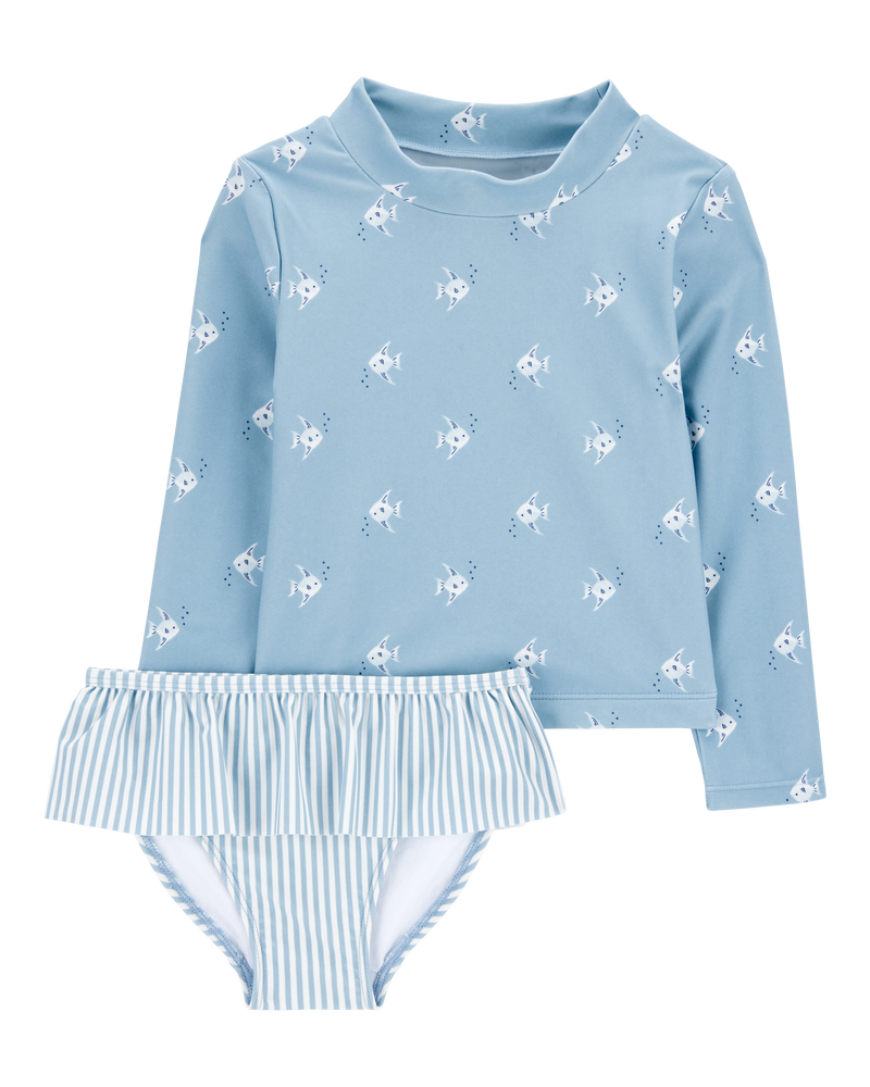 Toddler Girl 2-Piece Shell Striped Long-Sleeve Rashguard Swim Set - Blue, image 1 of 4 slides