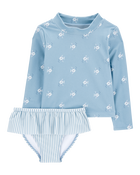 Toddler Girl 2-Piece Shell Striped Long-Sleeve Rashguard Swim Set - Blue, image 1 of 4 slides