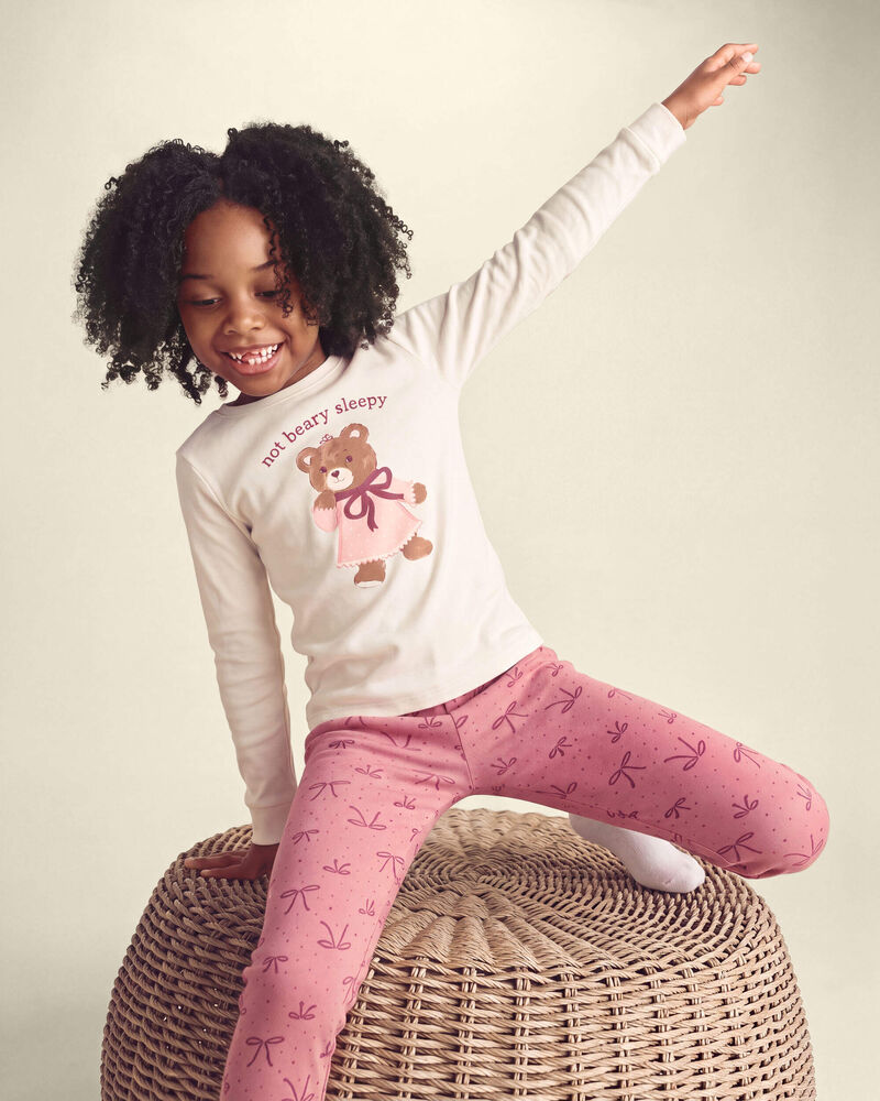 Girls 4-Piece Varsity Bear 100% Cotton Snug Fit Pyjama Set - Pink/Cream, image 5 of 6 slides