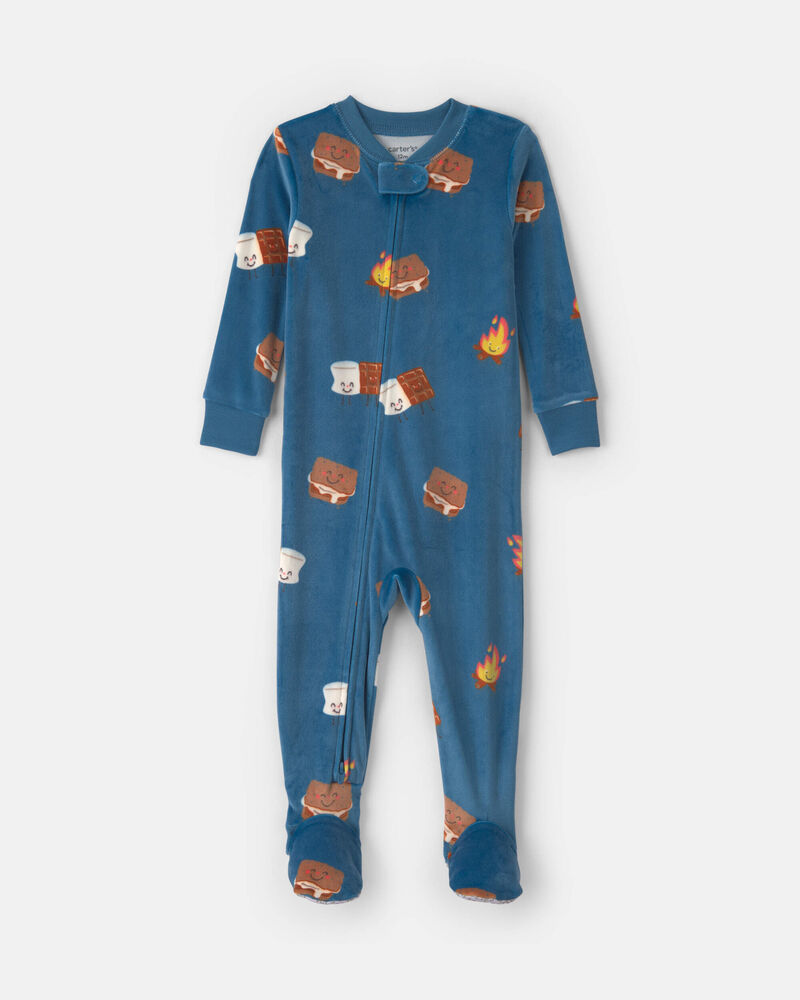 Toddler Boy 1-Piece Smores DreamPlush Snug Fit Footed Pyjama - Navy Blue, image 1 of 4 slides