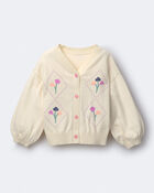 Toddler Girl Embroidered Cardigan Sweater with Flowers - Cream, image 2 of 6 slides
