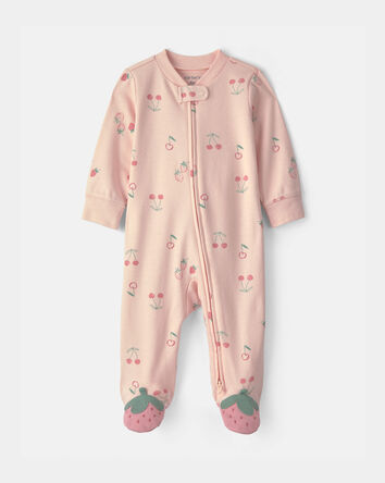 Baby Girl Strawberry 100% Cotton 2-Way Zip Sleeper - Pink, 