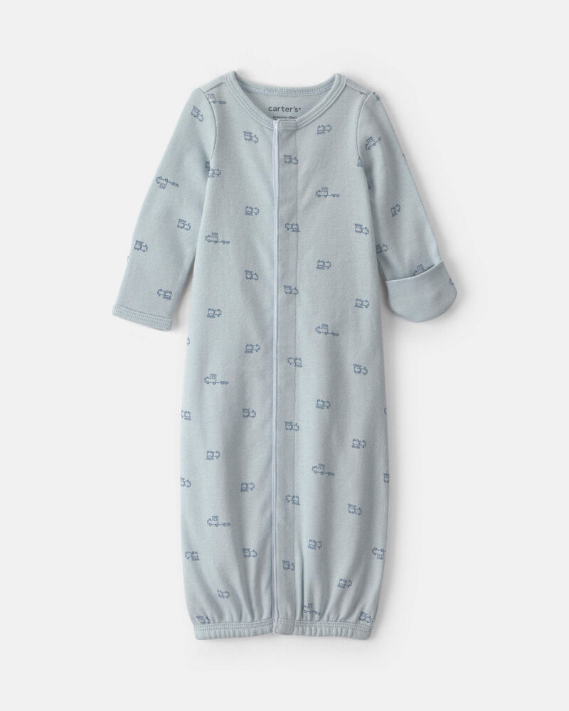 Baby Boy Train Long-Sleeve Sleeper Gown - Blue, image 1 of 5 slides