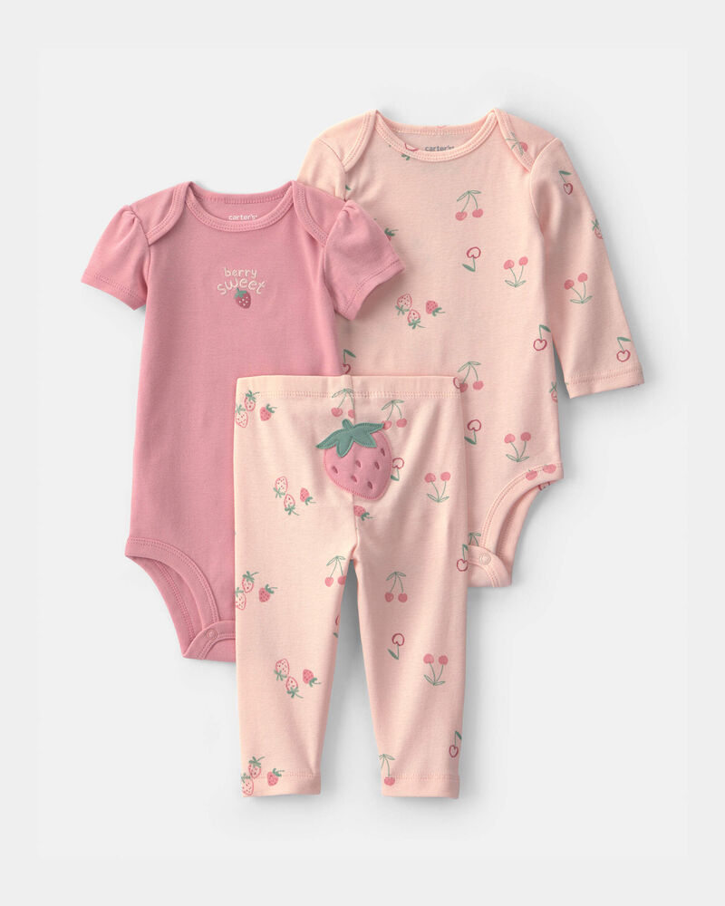 Baby Girl 3-Piece Strawberry Bodysuit & Pant Set - Pink, image 1 of 5 slides