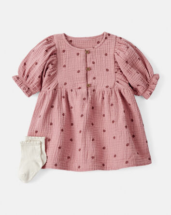 Bébé fille - Ensemble robe 2 pièces à manches courtes avec imprimé de gland - Rose, 