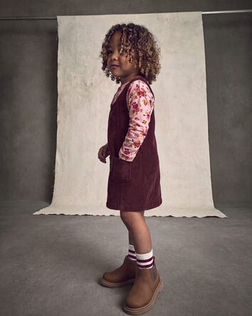 Toddler Girl 2-Piece Floral Corduroy Long-Sleeve Dress Set - Pink/Purple, 