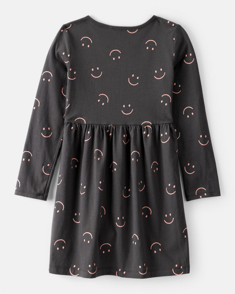 Girls Smile Print Long Sleeve Cotton Dress - Black, image 2 of 4 slides