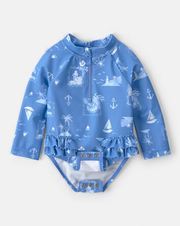 Baby Girl Sailboat Long-Sleeve 1-Piece Rashguard Swimsuit - Blue, 