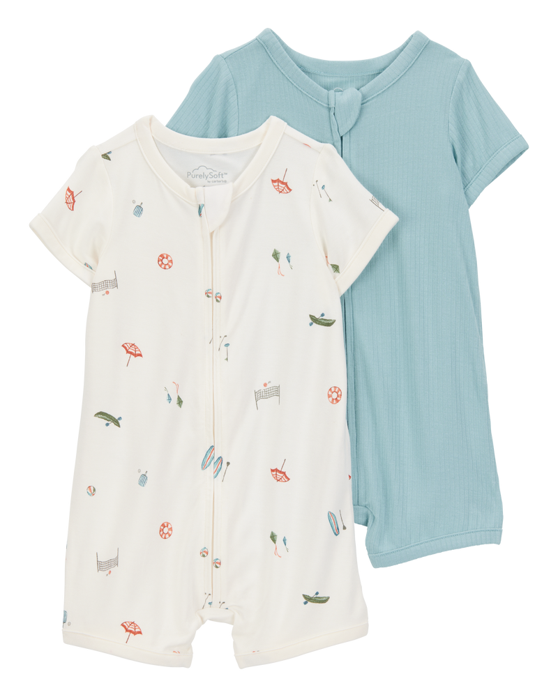 Baby 2-Pack PurelySoft Zip-Up Rompers - Blue/Ivory, image 1 of 6 slides
