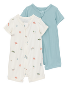 Baby 2-Pack PurelySoft Zip-Up Rompers - Blue/Ivory, image 1 of 6 slides