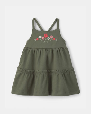 Baby Girl Flower Embroidered Sleeveless Dress - Green, 