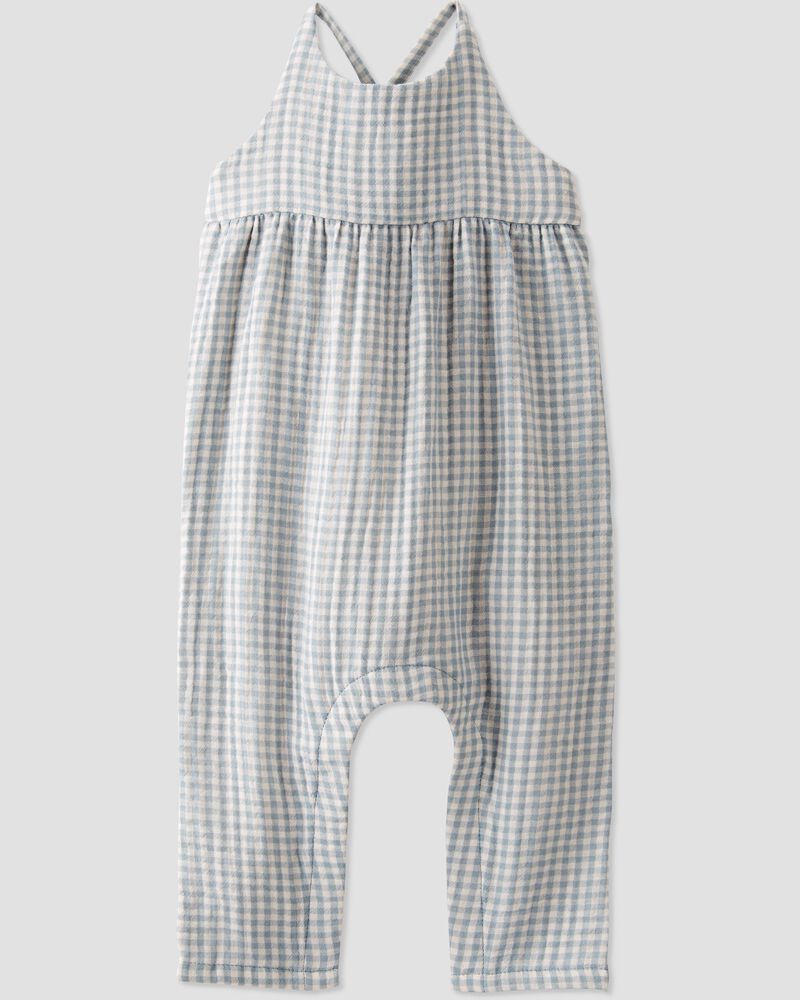 Blue Gingham Print Organic Cotton Gauze Jumpsuit