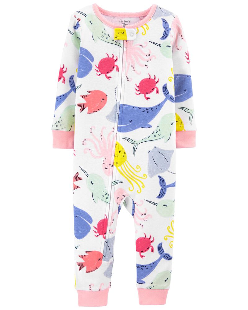 Pyjama 1 pièce sans pieds en coton ajusté à motif de baleine, image 1 sur 2 diapositives