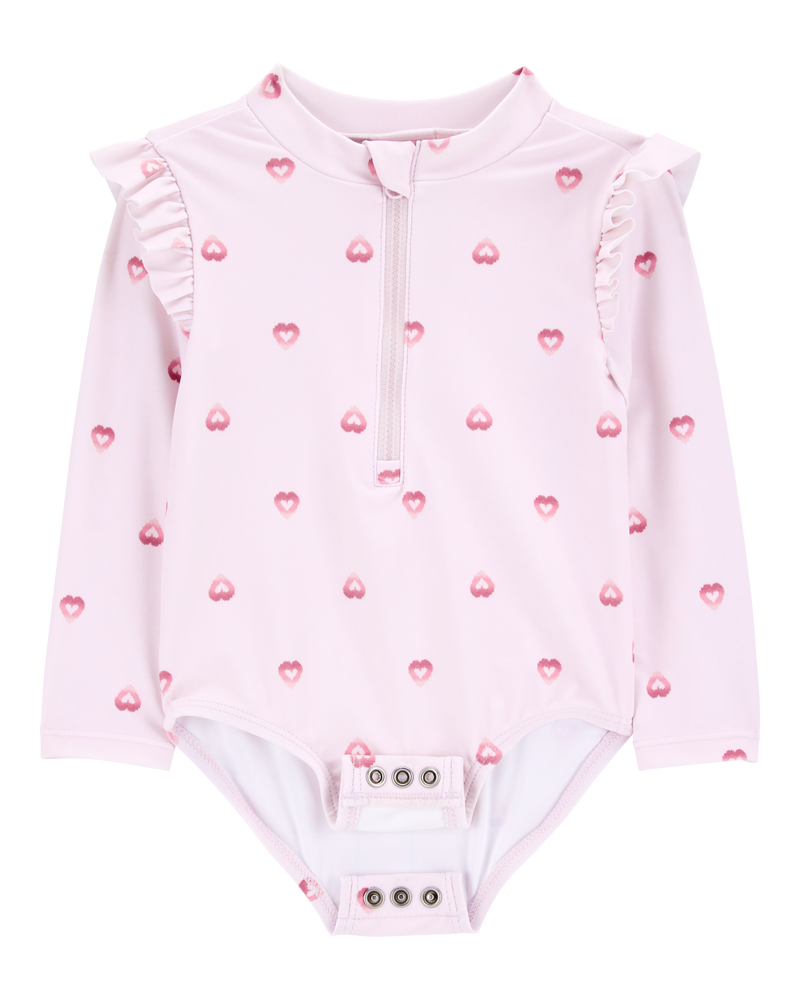 Baby 1-Piece Heart-PrintLong-Sleeve Rashguard Swimsuit - Pink, image 2 of 5 slides