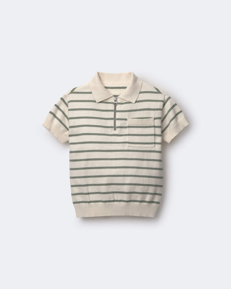 Toddler Boy Zip-Up Polo in Stripes - Cream, image 2 of 6 slides