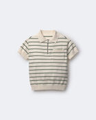 Toddler Boy Zip-Up Polo in Stripes - Cream, image 2 of 6 slides