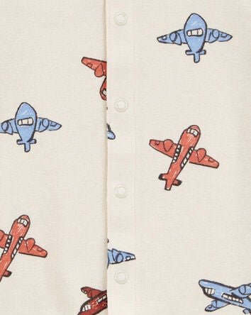 Baby Airplane-Print Ribbed Short-Sleeve Romper - Cream, 