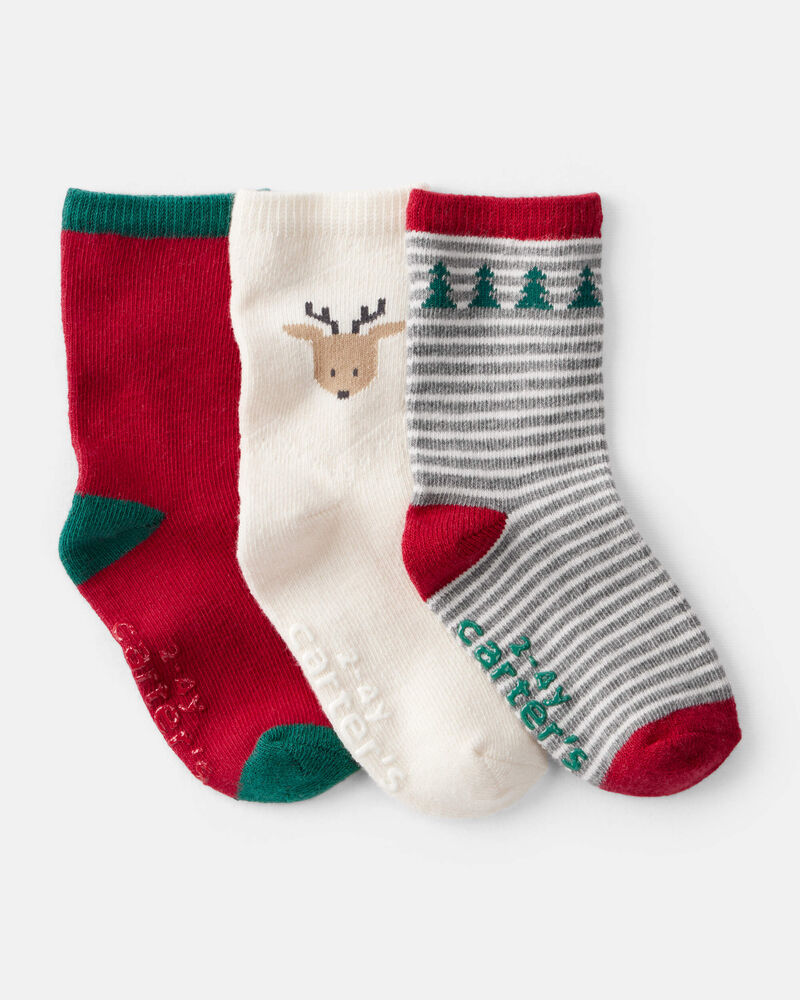 Toddler Boy 3-Pack Christmas Reindeer Crew Socks, image 1 of 2 slides