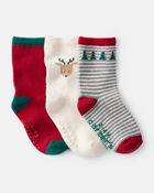 Toddler Boy 3-Pack Christmas Reindeer Crew Socks, image 1 of 2 slides