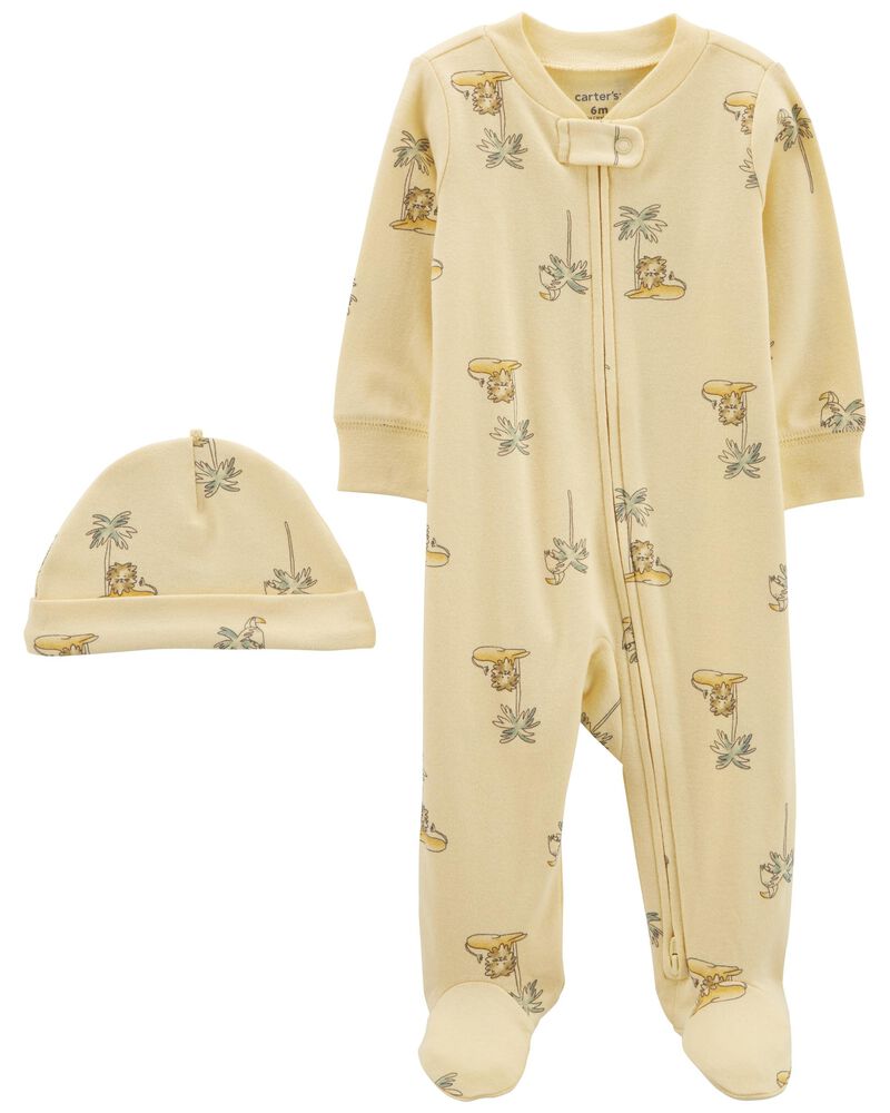 2-Piece 2-Way Zip Sleeper Pyjamas & Cap Set, image 1 of 3 slides