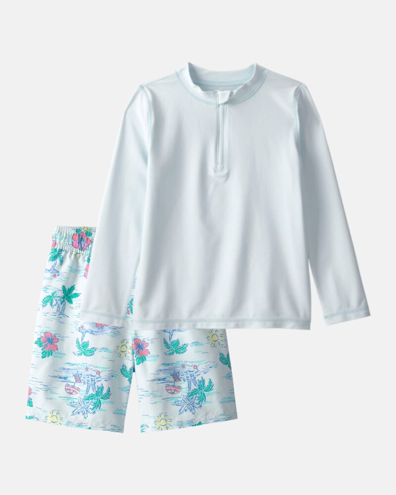 Boys 2-Piece Palm Tree Rashguard & Swim Trunk Set - Blue, image 1 of 7 slides