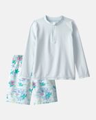 Boys 2-Piece Palm Tree Rashguard & Swim Trunk Set - Blue, image 1 of 7 slides