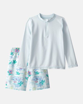 Boys 2-Piece Palm Tree Rashguard & Swim Trunk Set - Blue, 