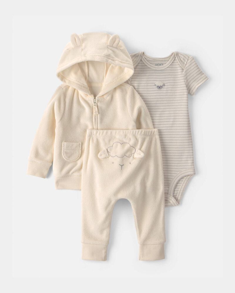 Baby 3-Piece Sheep Terry Short-Sleeve Layering Set - Ivory, image 1 of 6 slides