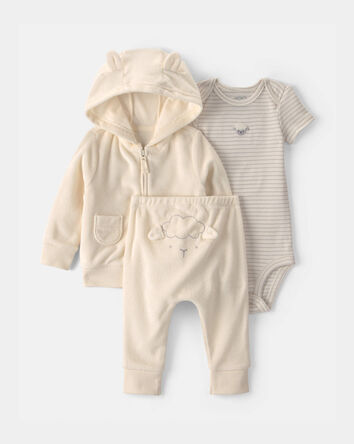 B&eacute;b&eacute; - Ensemble 3 pi&egrave;ces &agrave; superposer haut &agrave; manches courtes en tissu &eacute;ponge &agrave; motif mouton - Ivoire, 