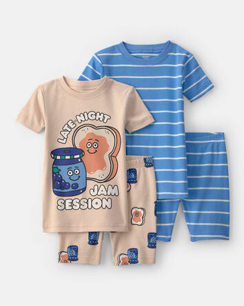 Toddler Boy PB&J Striped 100% Cotton Short-Sleeve Snug Fit 4-Piece Pyjama Set - Blue/Brown, 