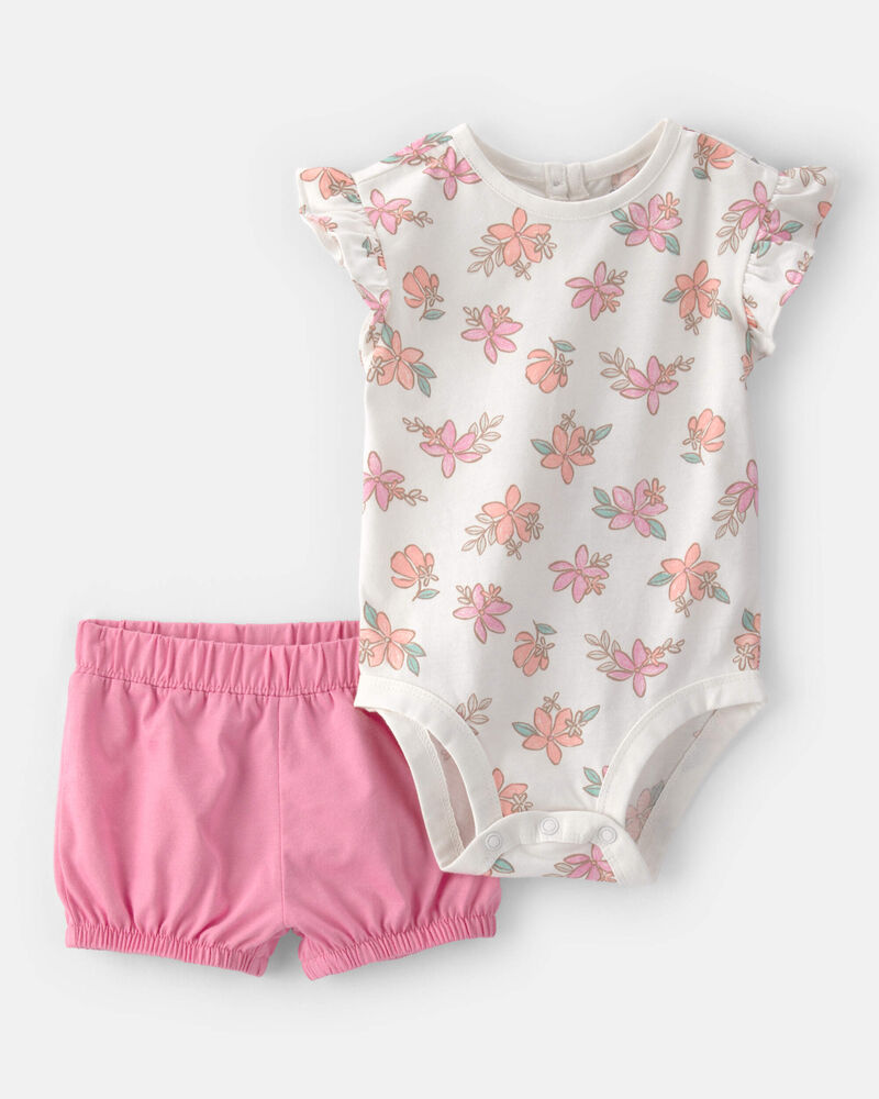 Baby Girl 2-Piece Floral Short-Sleeve Bodysuit & Short Set - Pink/White, image 1 of 4 slides